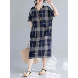 Women Casual Plaid V-neck Short Sleeve Pockets Dress