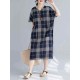 Women Casual Plaid V-neck Short Sleeve Pockets Dress