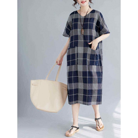 Women Casual Plaid V-neck Short Sleeve Pockets Dress