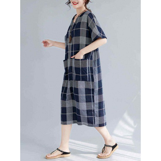 Women Casual Plaid V-neck Short Sleeve Pockets Dress