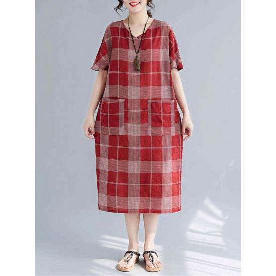 Women Casual Plaid V-neck Short Sleeve Pockets Dress