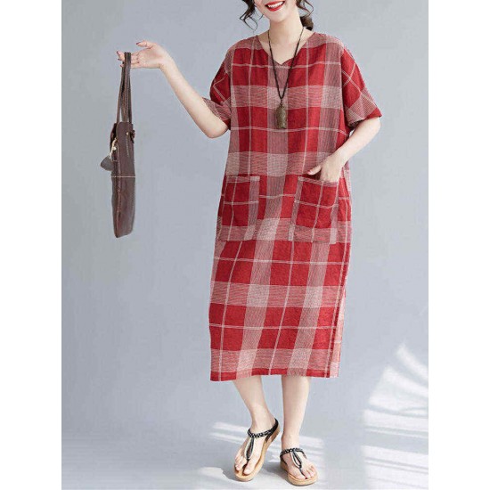 Women Casual Plaid V-neck Short Sleeve Pockets Dress