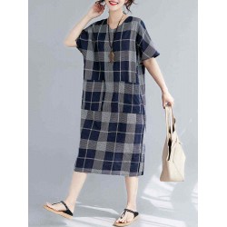 Women Casual Plaid V-neck Short Sleeve Pockets Dress