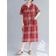 Women Casual Plaid V-neck Short Sleeve Pockets Dress