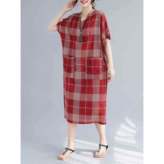 Women Casual Plaid V-neck Short Sleeve Pockets Dress