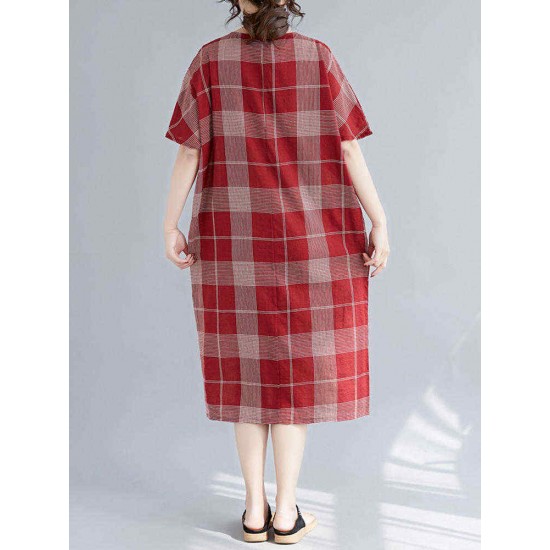 Women Casual Plaid V-neck Short Sleeve Pockets Dress