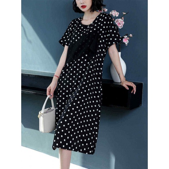 Women Casual Polka Dot Short Sleeves O-neck Dress