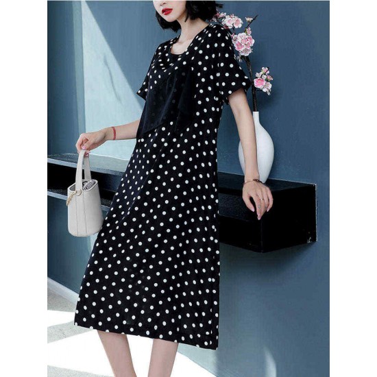 Women Casual Polka Dot Short Sleeves O-neck Dress