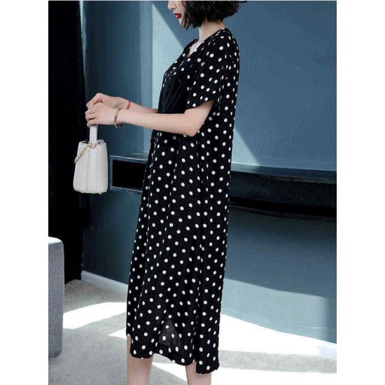 Women Casual Polka Dot Short Sleeves O-neck Dress