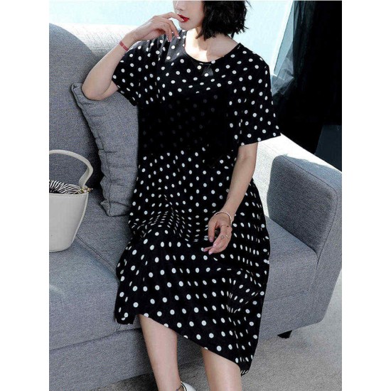 Women Casual Polka Dot Short Sleeves O-neck Dress