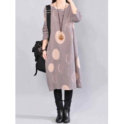 Women Casual Polka Dot Stripe Crew Neck Long Sleeve Dress