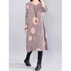 Women Casual Polka Dot Stripe Crew Neck Long Sleeve Dress