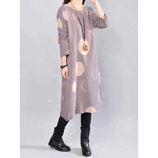 Women Casual Polka Dot Stripe Crew Neck Long Sleeve Dress