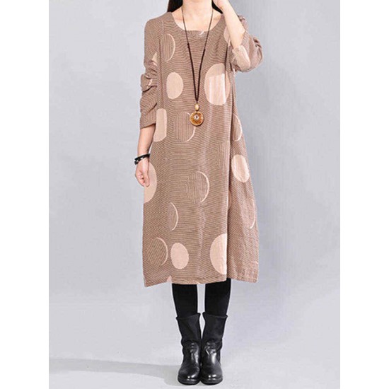 Women Casual Polka Dot Stripe Crew Neck Long Sleeve Dress