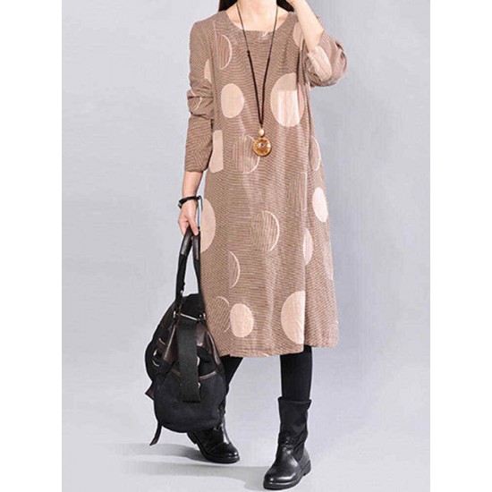 Women Casual Polka Dot Stripe Crew Neck Long Sleeve Dress