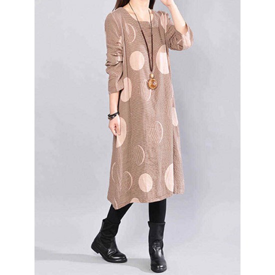 Women Casual Polka Dot Stripe Crew Neck Long Sleeve Dress