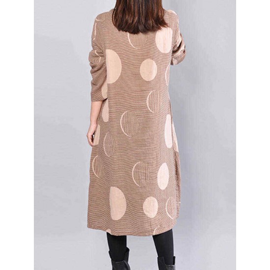 Women Casual Polka Dot Stripe Crew Neck Long Sleeve Dress