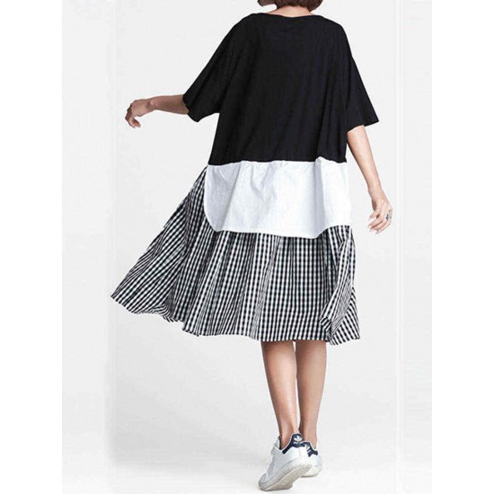 Women Casual Round Neck Short Plaid Patchwork Dress