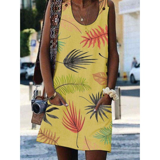 Women Casual Round Neck Sleeveless Leaf Print Dress