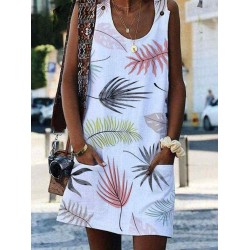 Women Casual Round Neck Sleeveless Leaf Print Dress