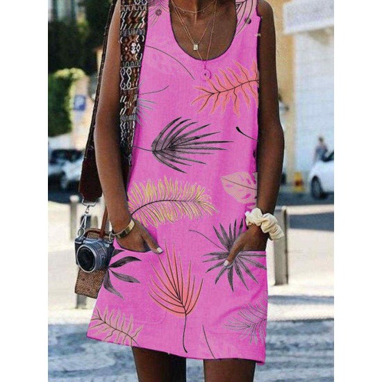 Women Casual Round Neck Sleeveless Leaf Print Dress