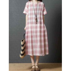 Women Casual Short Sleeves Plaid Loose Dress with Pockets