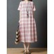 Women Casual Short Sleeves Plaid Loose Dress with Pockets