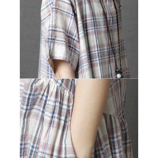 Women Casual Short Sleeves Plaid Loose Dress with Pockets