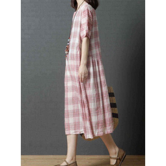 Women Casual Short Sleeves Plaid Loose Dress with Pockets