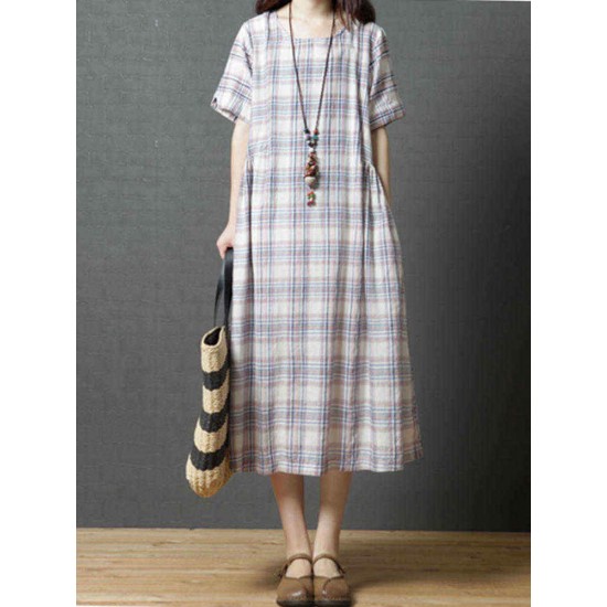 Women Casual Short Sleeves Plaid Loose Dress with Pockets