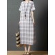 Women Casual Short Sleeves Plaid Loose Dress with Pockets