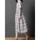 Women Casual Short Sleeves Plaid Loose Dress with Pockets