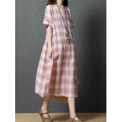 Women Casual Short Sleeves Plaid Loose Dress with Pockets