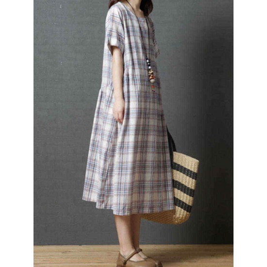 Women Casual Short Sleeves Plaid Loose Dress with Pockets