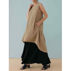 Women Casual Sleeveless Solid Color Irregular Hem Dress