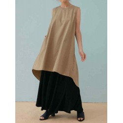 Women Casual Sleeveless Solid Color Irregular Hem Dress