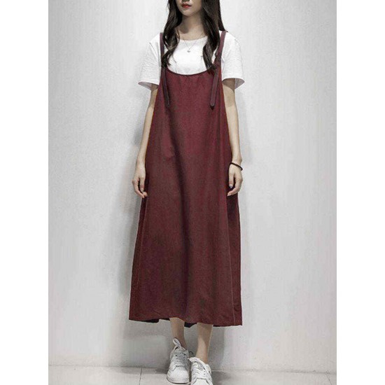 Women Casual Sleeveless Solid Color Pockets Loose Dress