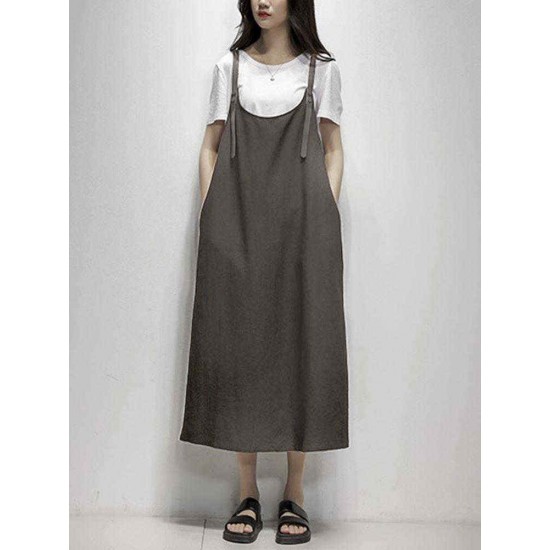 Women Casual Sleeveless Solid Color Pockets Loose Dress