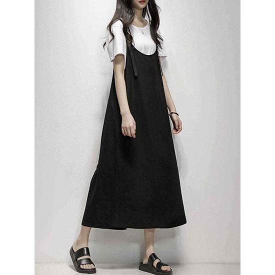 Women Casual Sleeveless Solid Color Pockets Loose Dress