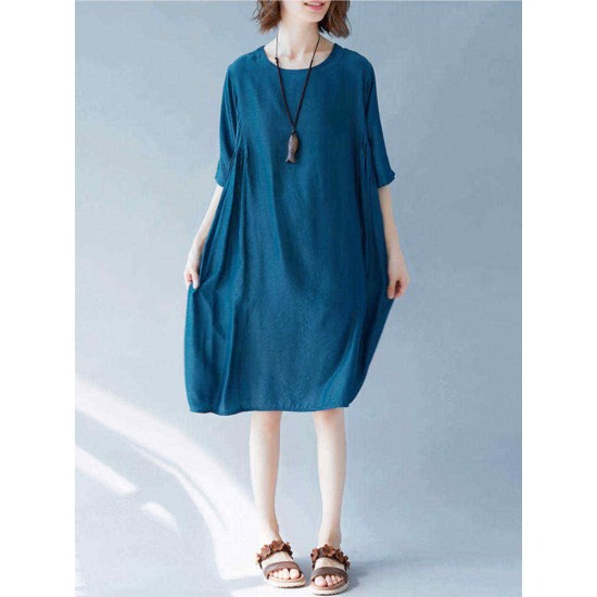 Women Casual Solid Color Batwing Sleeves Loose Dress