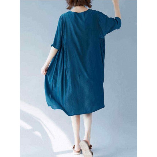 Women Casual Solid Color Batwing Sleeves Loose Dress