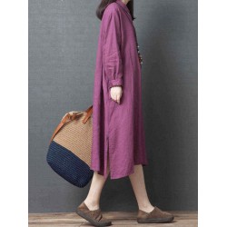 Women Casual Solid Color Long Sleeve Pockets Shirt Dress