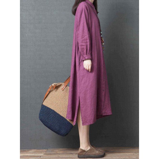 Women Casual Solid Color Long Sleeve Pockets Shirt Dress