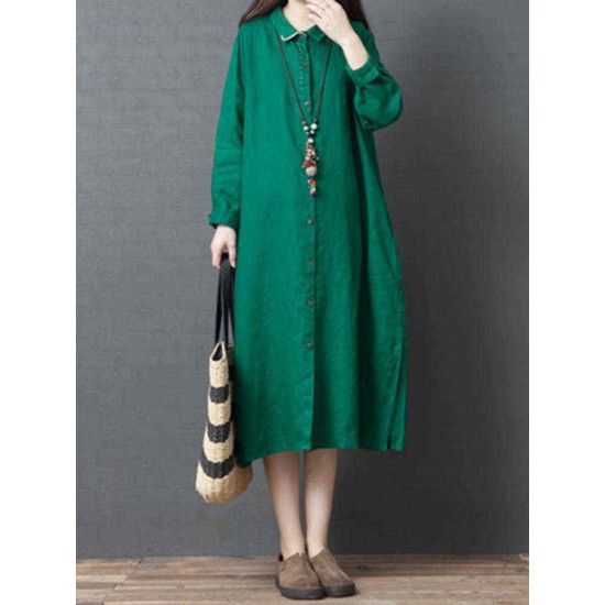 Women Casual Solid Color Long Sleeve Pockets Shirt Dress