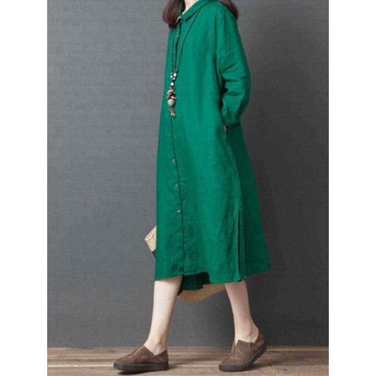 Women Casual Solid Color Long Sleeve Pockets Shirt Dress