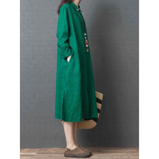 Women Casual Solid Color Long Sleeve Pockets Shirt Dress