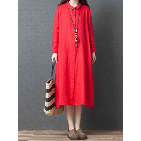 Women Casual Solid Color Long Sleeve Pockets Shirt Dress