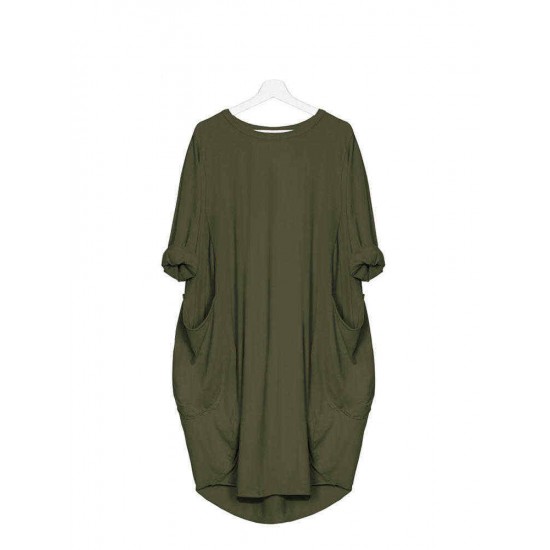 Women Casual Solid Color Round Neck Baggy Loose Dress