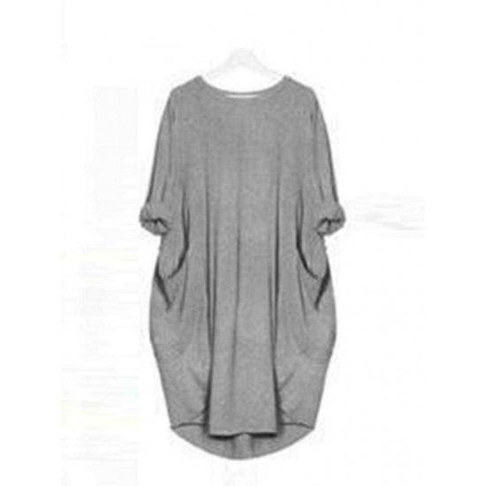 Women Casual Solid Color Round Neck Baggy Loose Dress