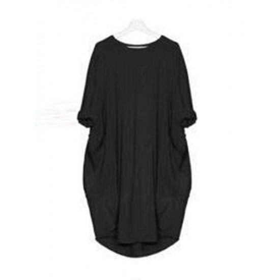 Women Casual Solid Color Round Neck Baggy Loose Dress